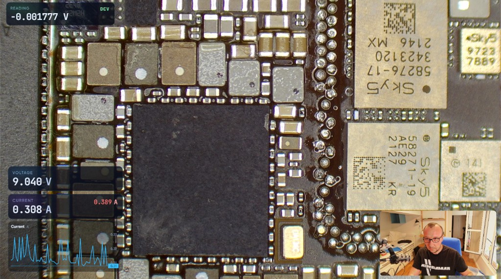 OBS Studio capture showing AAC Apps transparent overlays with live readings on a PCB microscope view and a webcam inset